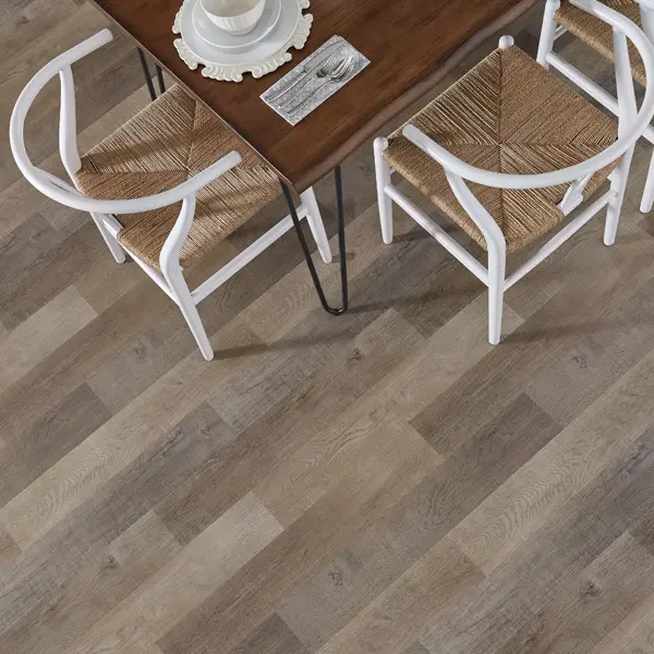 wpLam_1 Dining area scene - looking down on table, two chairs, on waterproof laminate flooring.